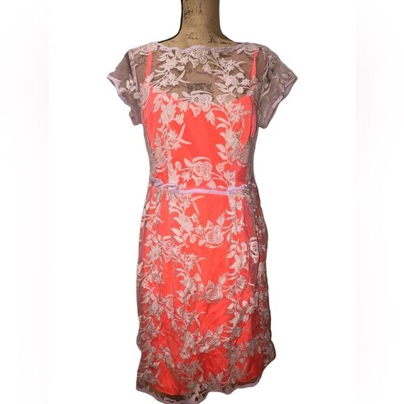 NWT Nanette Lepore Waldorf Girl Sheath Orange Crepe w/Lavender Lace Dress 10 - Picture 3 of 14